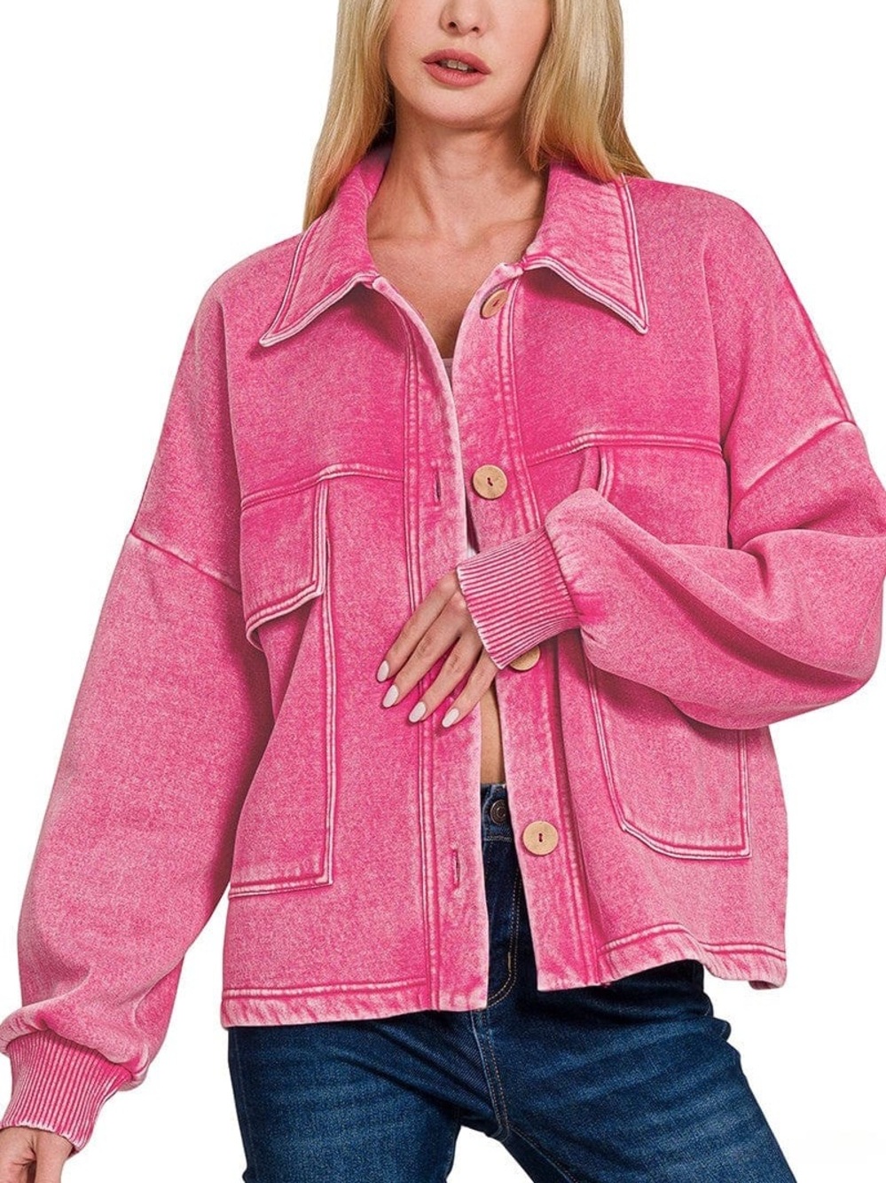 NIB Zenana Acid Washed Fleece Button Up Shacket relaxed Fit size s/m